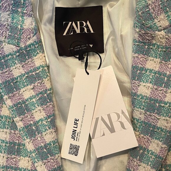 NWT ZARA Textured Plaid Cropped Blazer Jacket Bloggers Fav Turquoise & Lavender - Picture 13 of 16